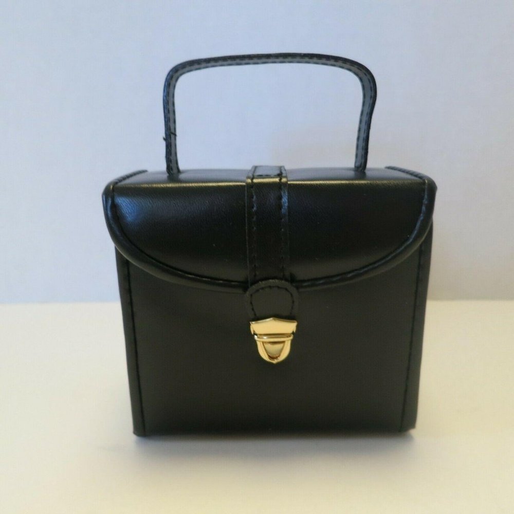Portable Travel Black Jewelry Case Box with Handle and Gold-tone Clasp